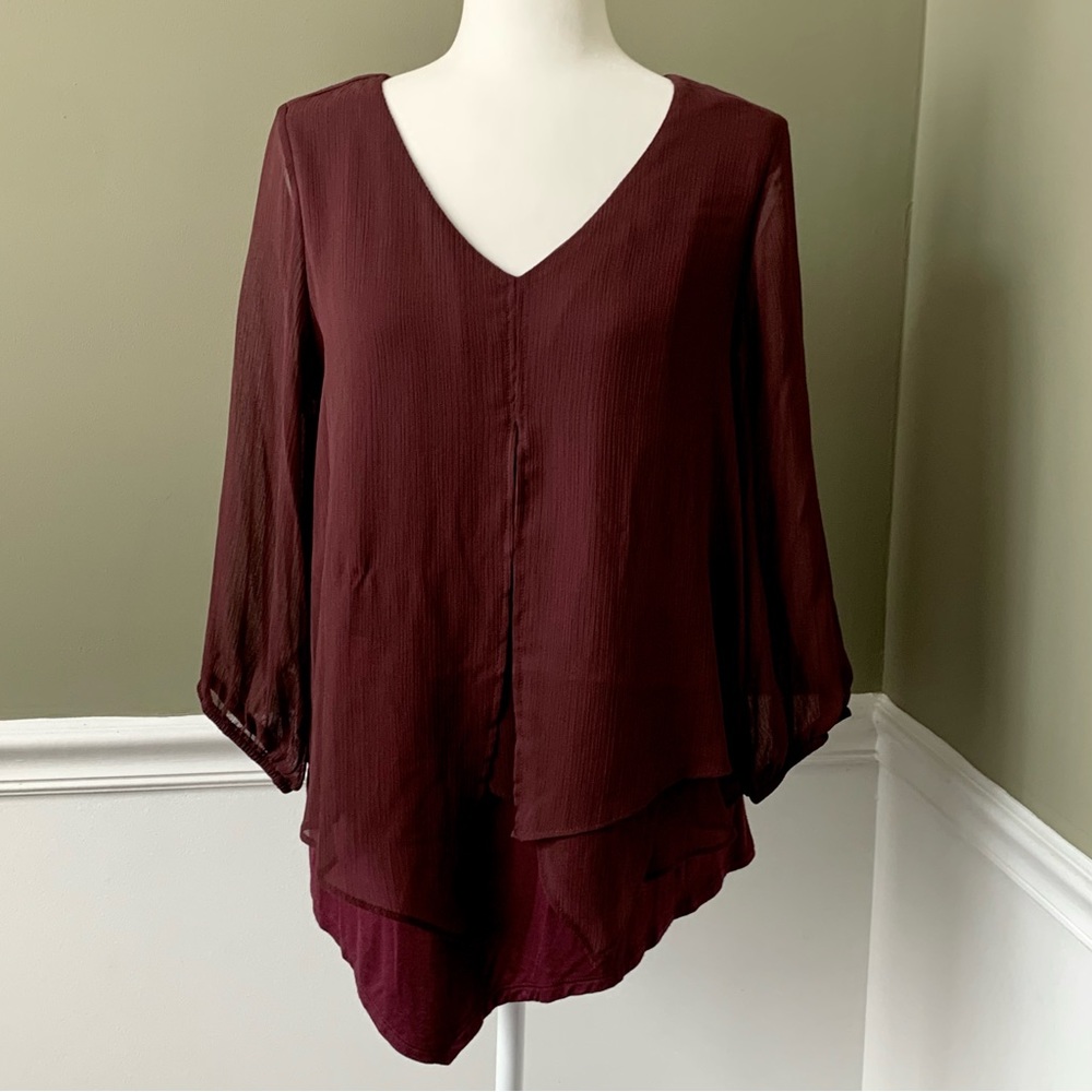 Apt. 9 Burgundy 3/4 Sleeve V-Neck Blouse